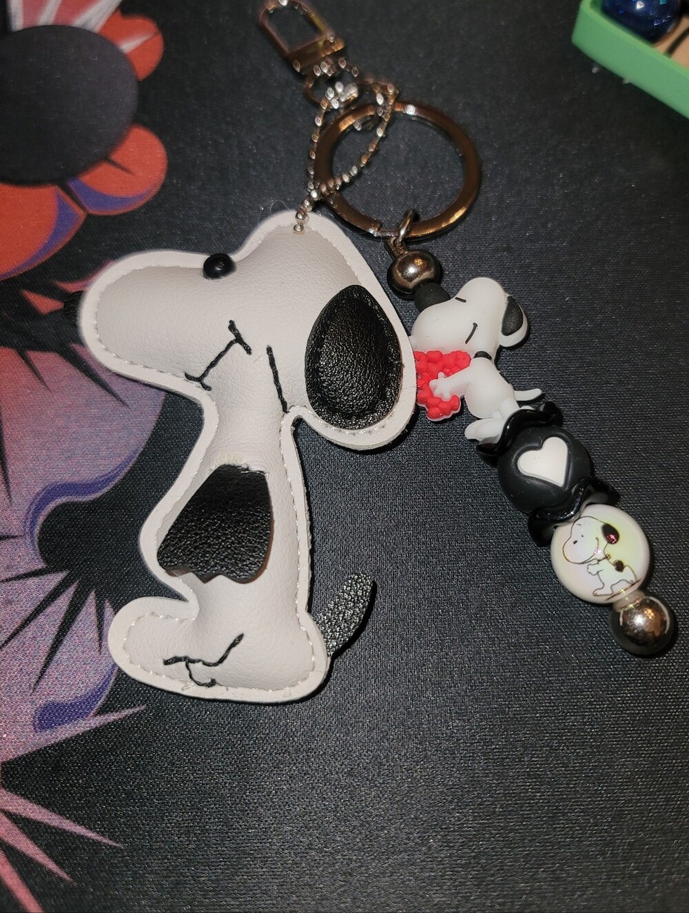 NWT-Custom Snoopy- Themed White & Black Dog Keychain/Bag Charm w/Beaded Bar
